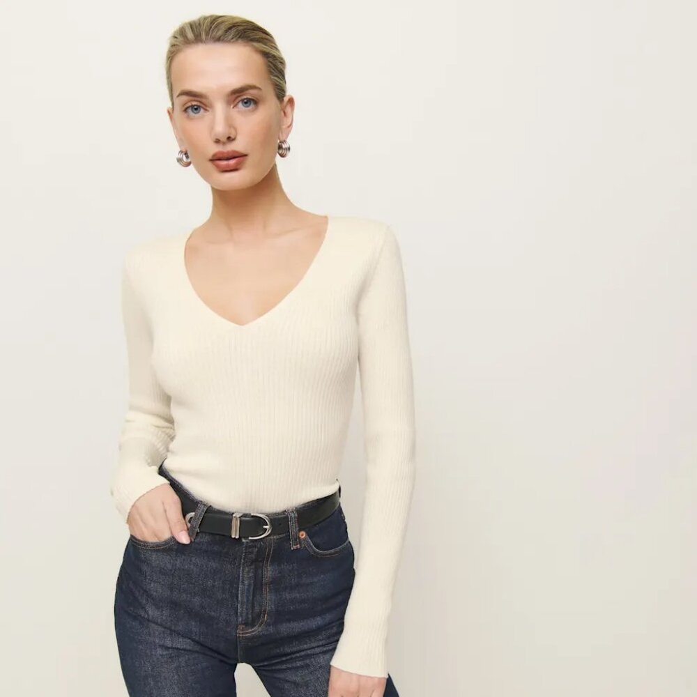 Reformation Valencia Regenerative Merino V-neck Ivory - Size S [NWT]